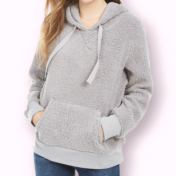 Hippie Rose Tops - HIPPIE ROSE | Women's gray pullover sherpa hoodie sweater.